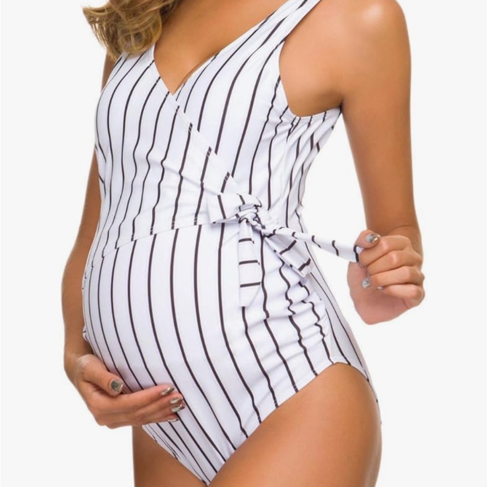 White & Black Striped Maternity One Piece with V-Neck